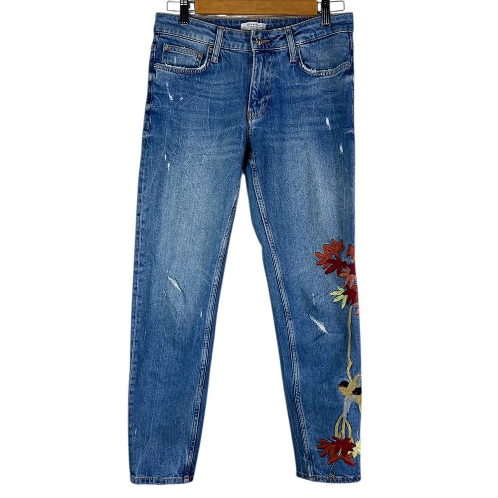 ZARA Women’s Premium Denim Distressed with Embroidered Detail Jeans Size 6